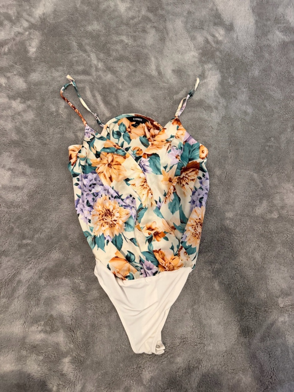 ExpressFloral Print Women’s Bodysuit- Cream with Yellow & Purple Flowers